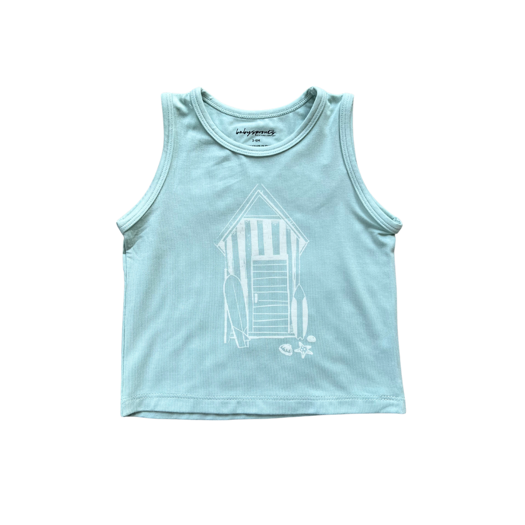 Boys bamboo tank top, beach shack sky blue, front view