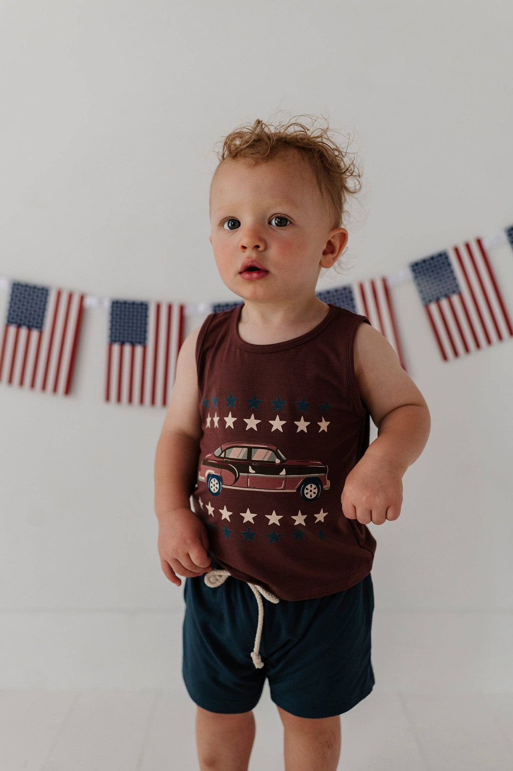 Boys bamboo Americana tank top, hot rod brick, worn by boy