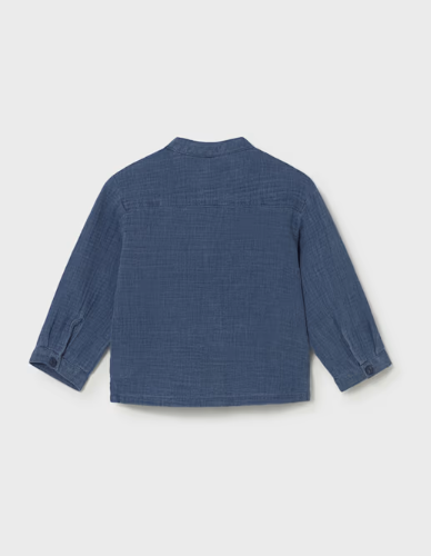 Mayoral toddler boy ocean blue crinkle cotton button up shirt, back view