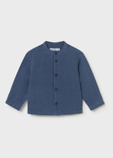 Mayoral toddler boy ocean blue crinkle cotton button up shirt, front view