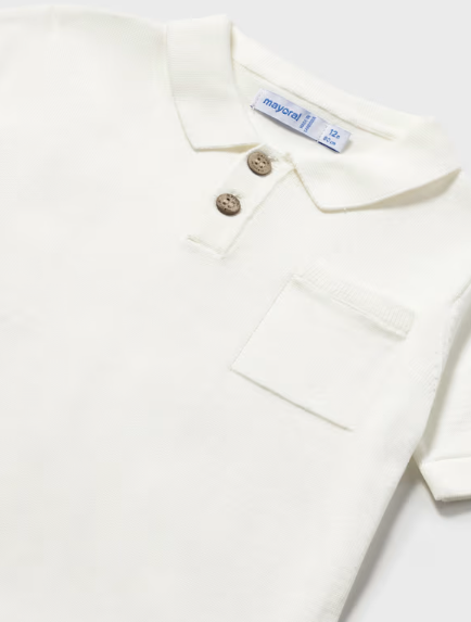 Mayoral toddler boy cream polo shirt, close-up of the collar and pocket