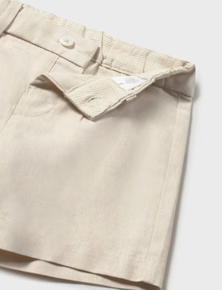 Mayoral toddler boy oat linen suiting Bermuda shorts, close-up of the waistband