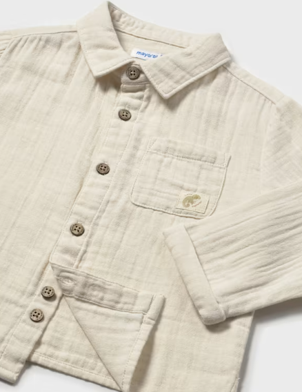Mayoral toddler boy hemp muslin long sleeve button down shirt, close-up of the pocket