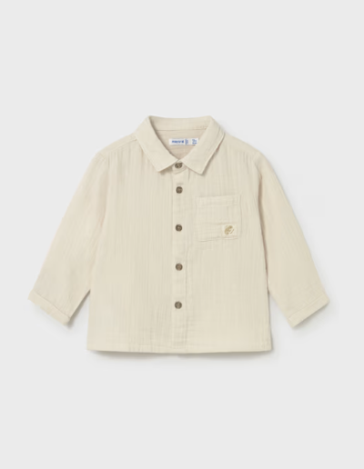 Mayoral toddler boy hemp muslin long sleeve button down shirt, front view