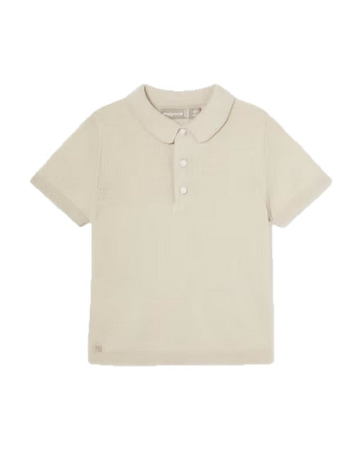 Mayoral toddler boy sustainable cotton knit polo, raffia tan, front view