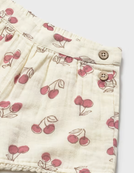 Mayoral toddler girl cherry print shorts with pompom lace trim, close-up of the cherry print