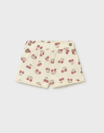 Mayoral toddler girl cherry print shorts with pompom lace trim, front view
