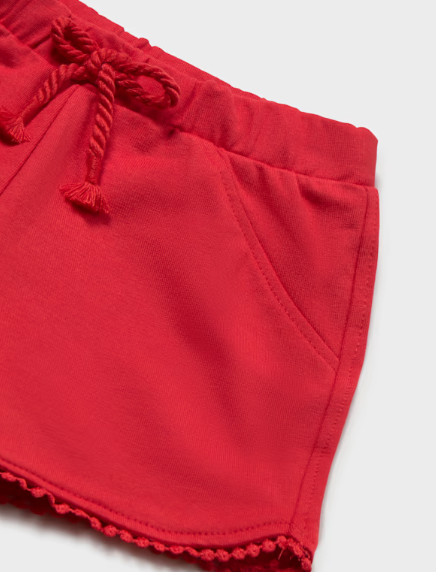Mayoral toddler girl red chenille shorts, close-up of the drawstring