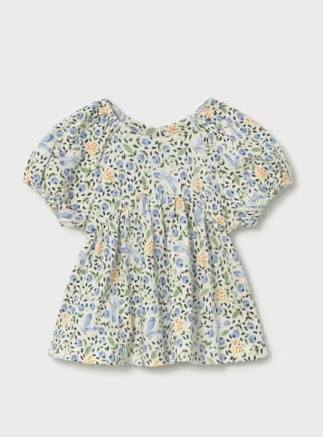 Mayoral toddler girl sky blue floral print blouse, front view