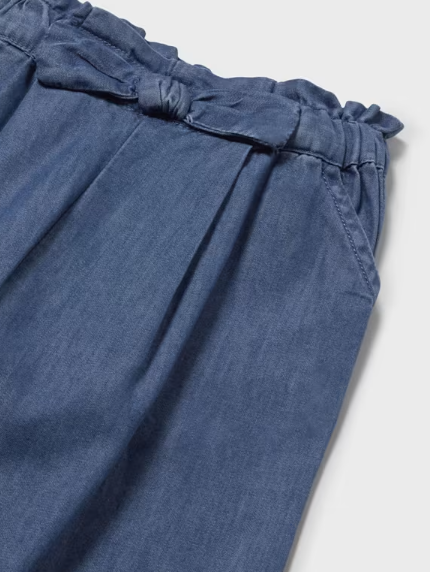 Mayoral toddler girl dark blue flowy wide leg pants, close-up of the waistband