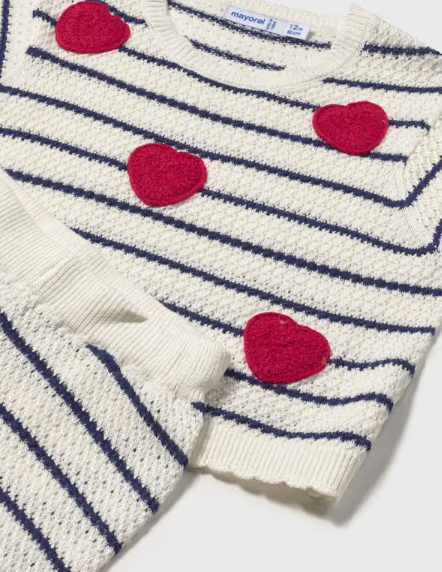 Mayoral toddler girl navy striped knit top and pants set with red hearts, close-up of the red hearts
