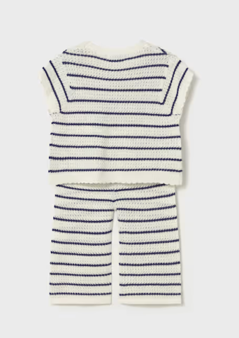 Mayoral toddler girl navy striped knit top and pants set with red hearts, back view