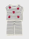 Mayoral toddler girl navy striped knit top and pants set with red hearts, front view