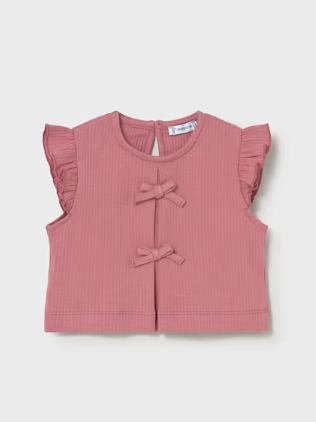 Mayoral toddler girl blush rib knit top with ruffle sleeves and bows, front view