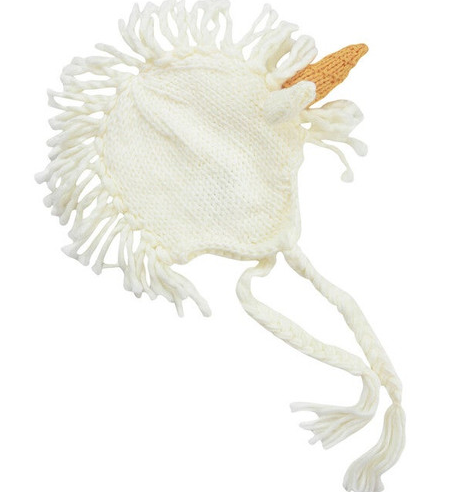 Toddler knit unicorn hat, white and mustard, front view