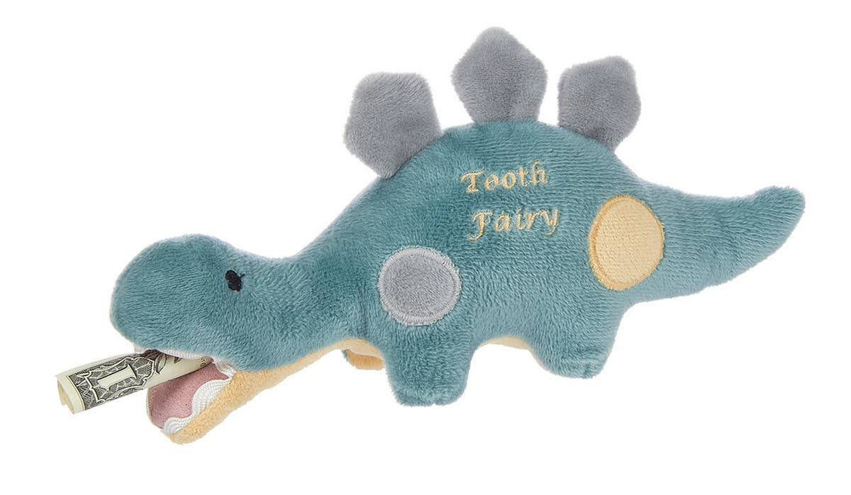 Tooth fairy pocket plush, aqua dinosaur, held by child