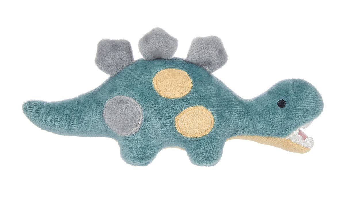 Tooth fairy pocket plush, aqua dinosaur, held by child