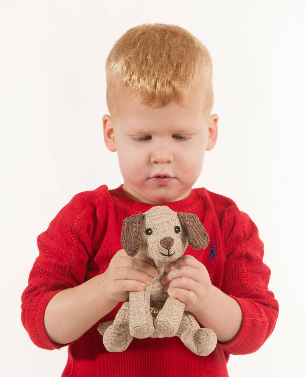 Tooth fairy pocket plush, brown puppy, held by child