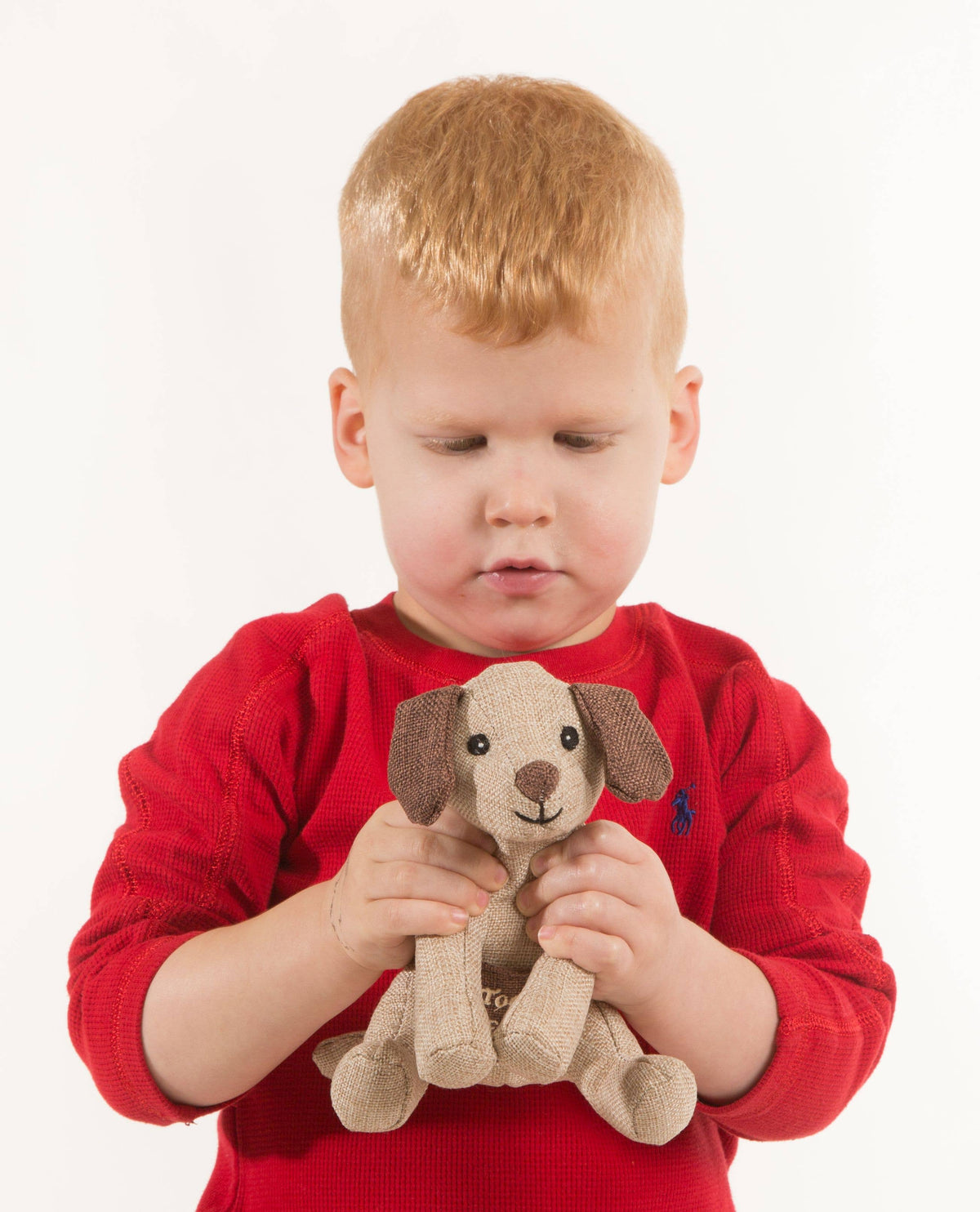 Tooth fairy pocket plush, brown puppy, held by child