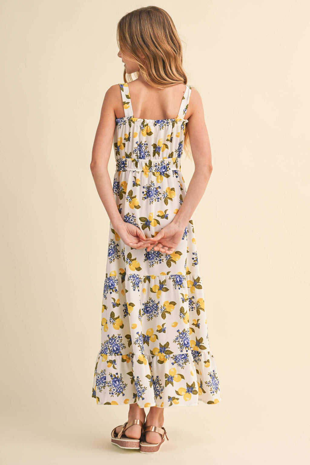 Girls Juliette lemon floral maxi sundress, back view