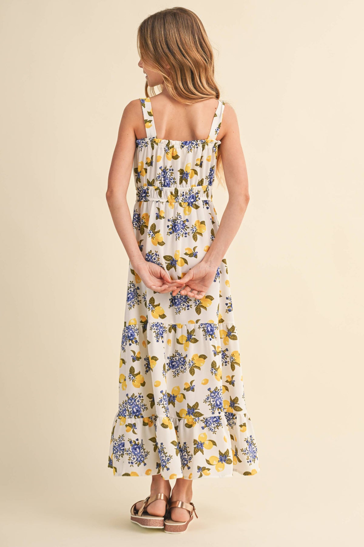 Girls Juliette lemon floral maxi sundress, back view