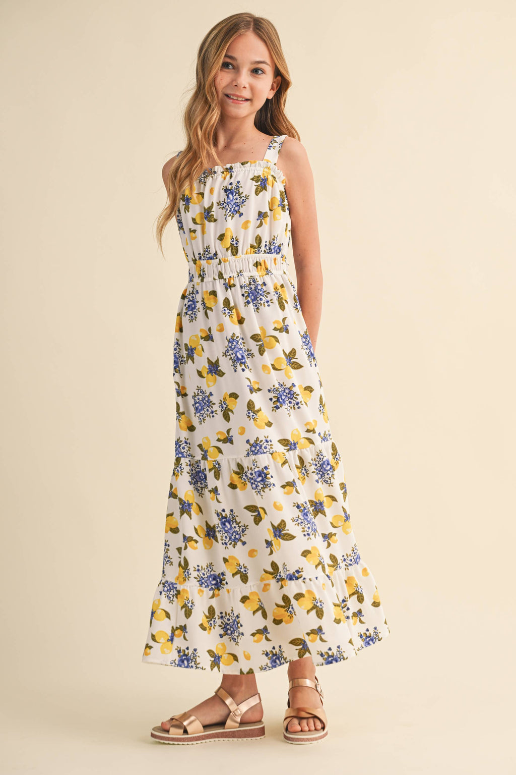 Girls Juliette lemon floral maxi sundress, front view, standing