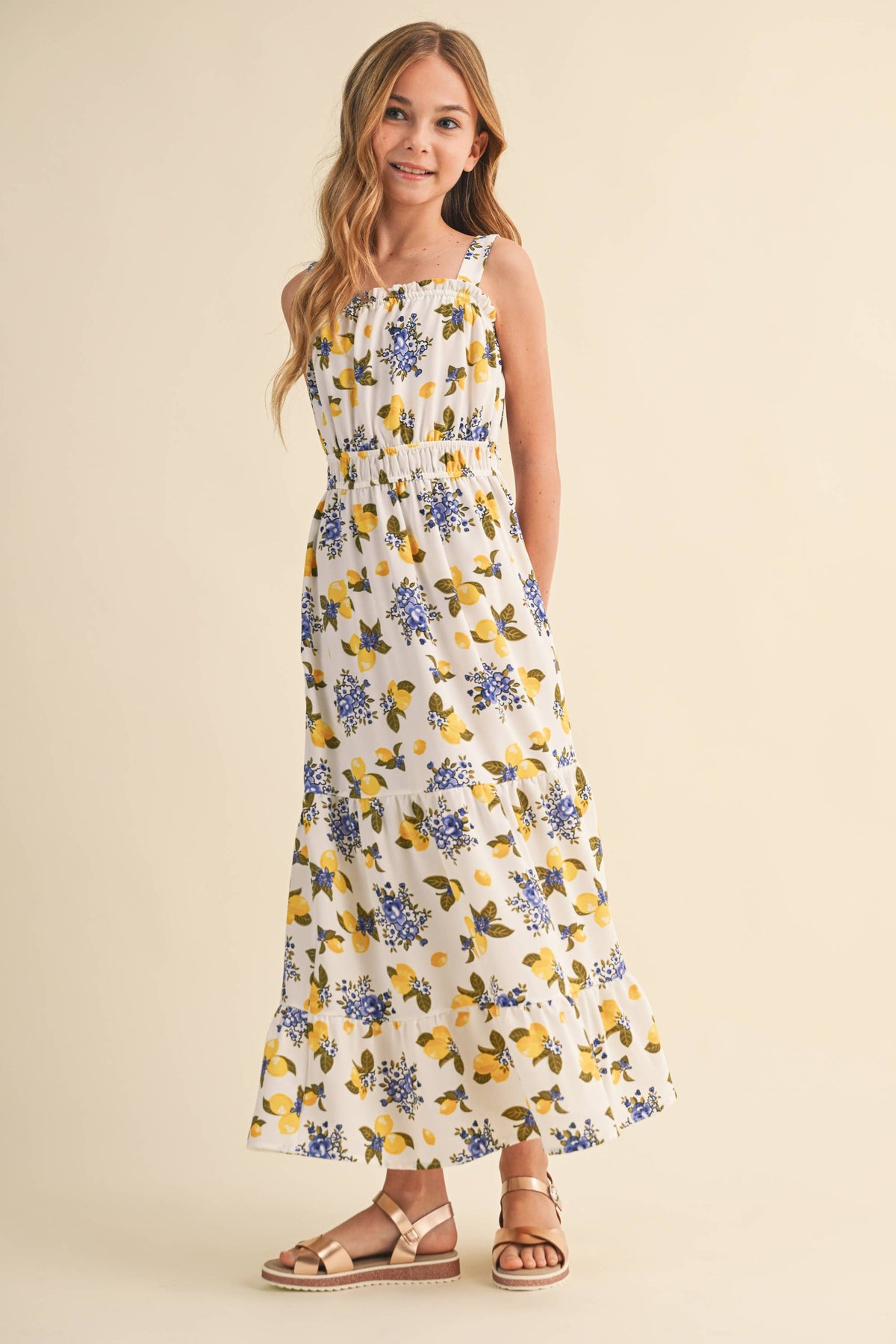 Girls Juliette lemon floral maxi sundress, front view, standing