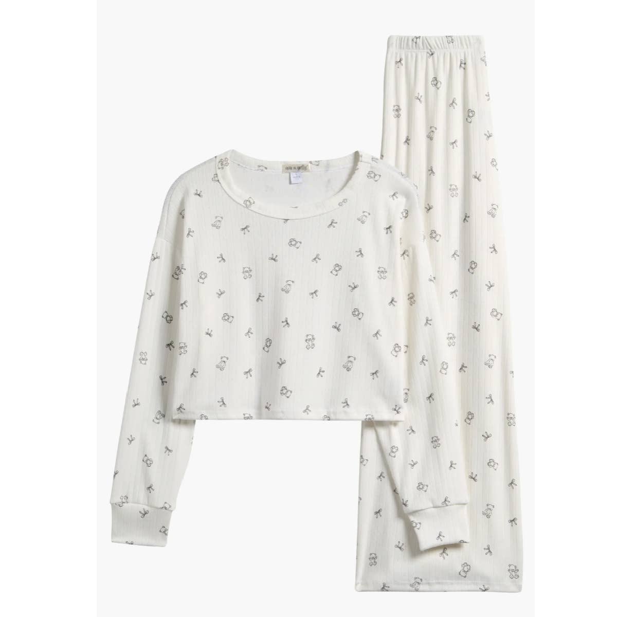 White pointelle lounge set with teddy bear and bow print: long-sleeve top and wide-leg pants