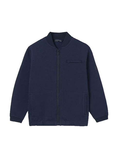 Mayoral tween boys dressy zip up, navy, front view