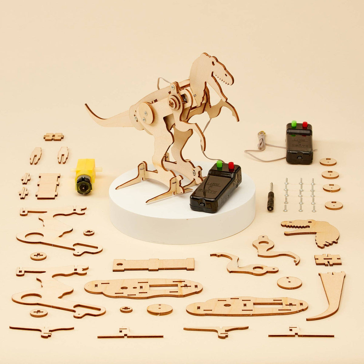 Wooden DIY STEM kit, battery t-rex robot, view 3