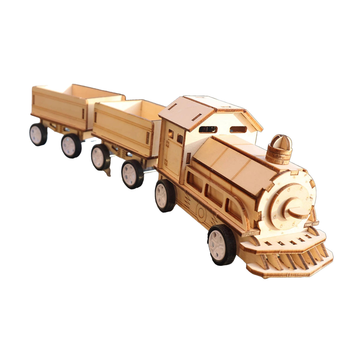 Wooden DIY STEM kit, battery powered train, front view