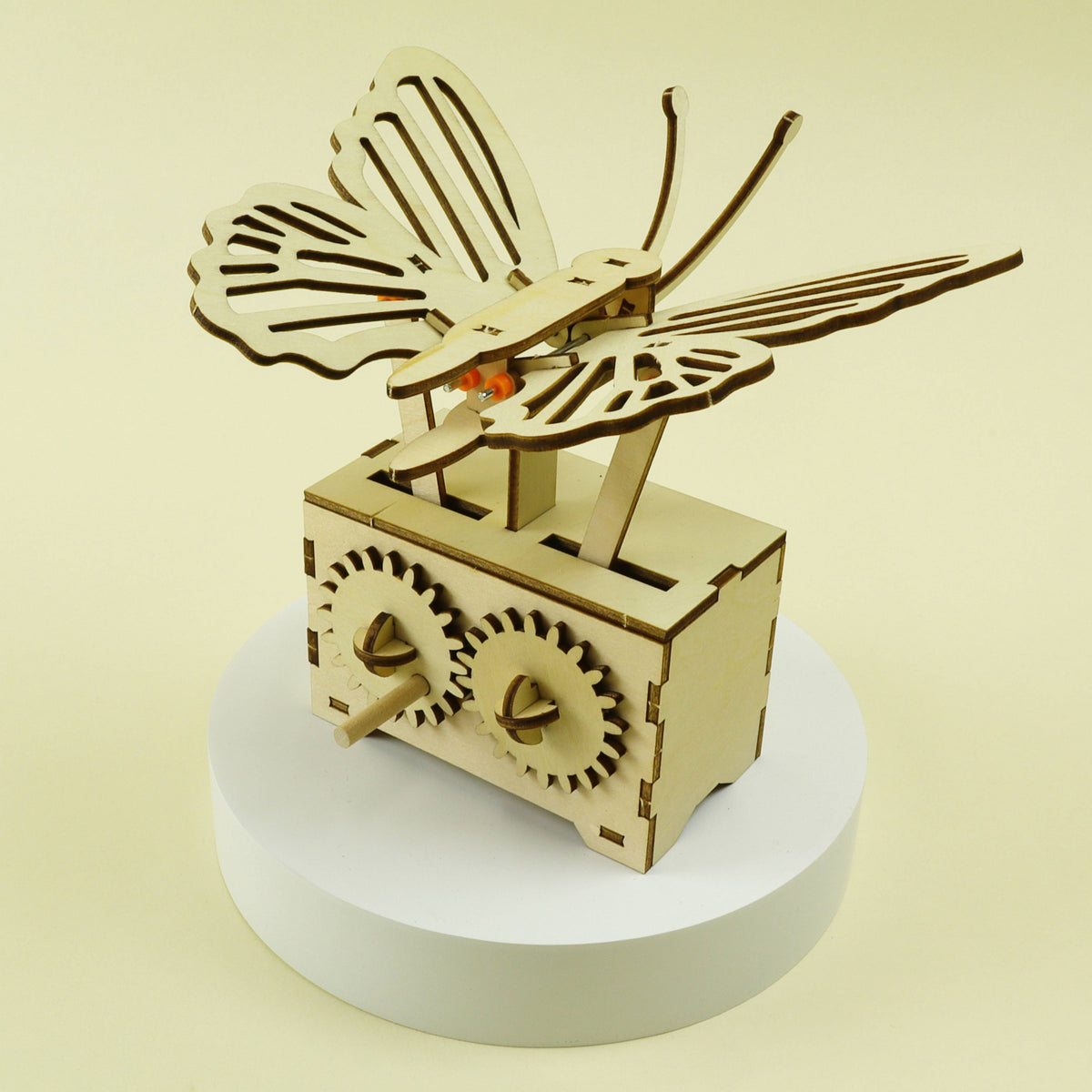 Wooden DIY STEM kit, fluttering butterfly, front view