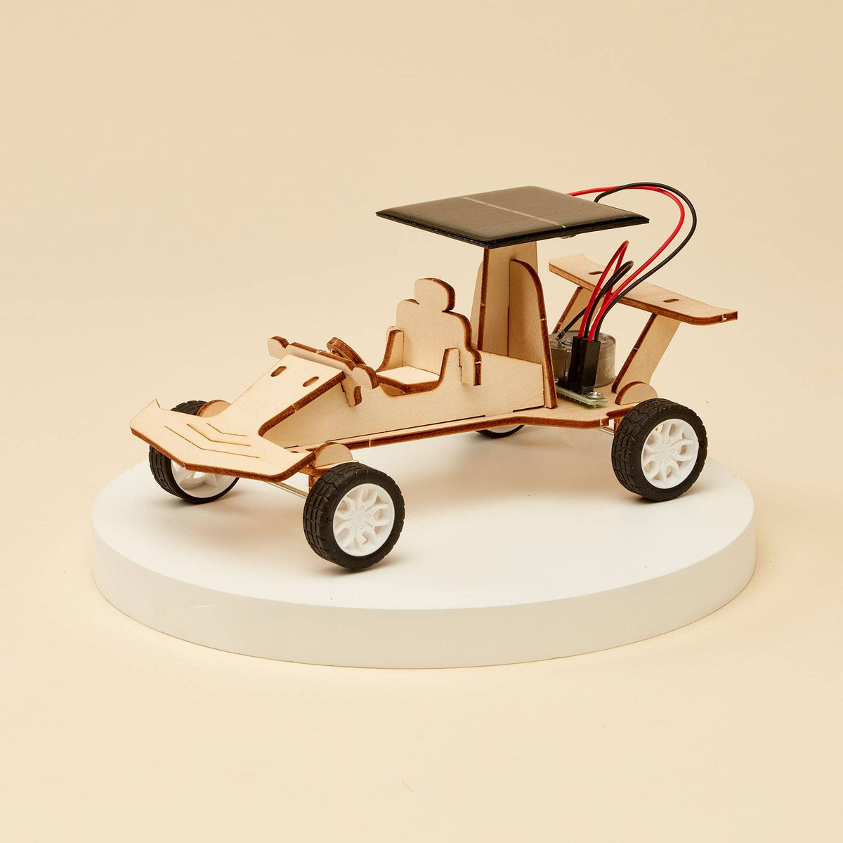 Wooden DIY STEM kit, solar powered race car, front view