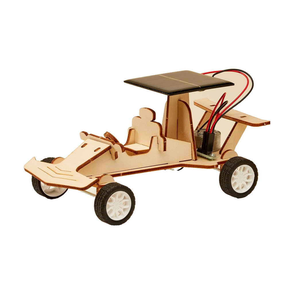 Wooden DIY STEM kit, solar powered race car, front view