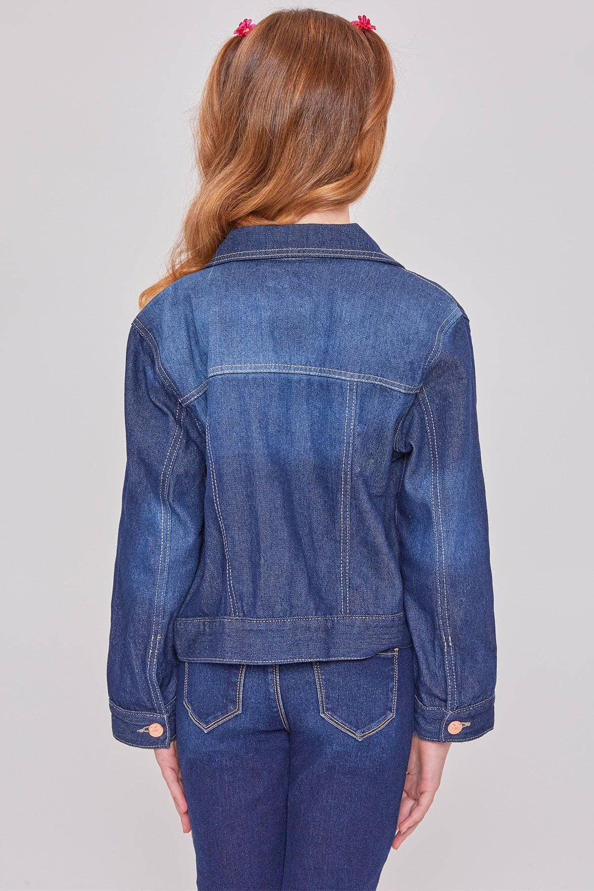 Girls medium wash classic denim jacket, back view