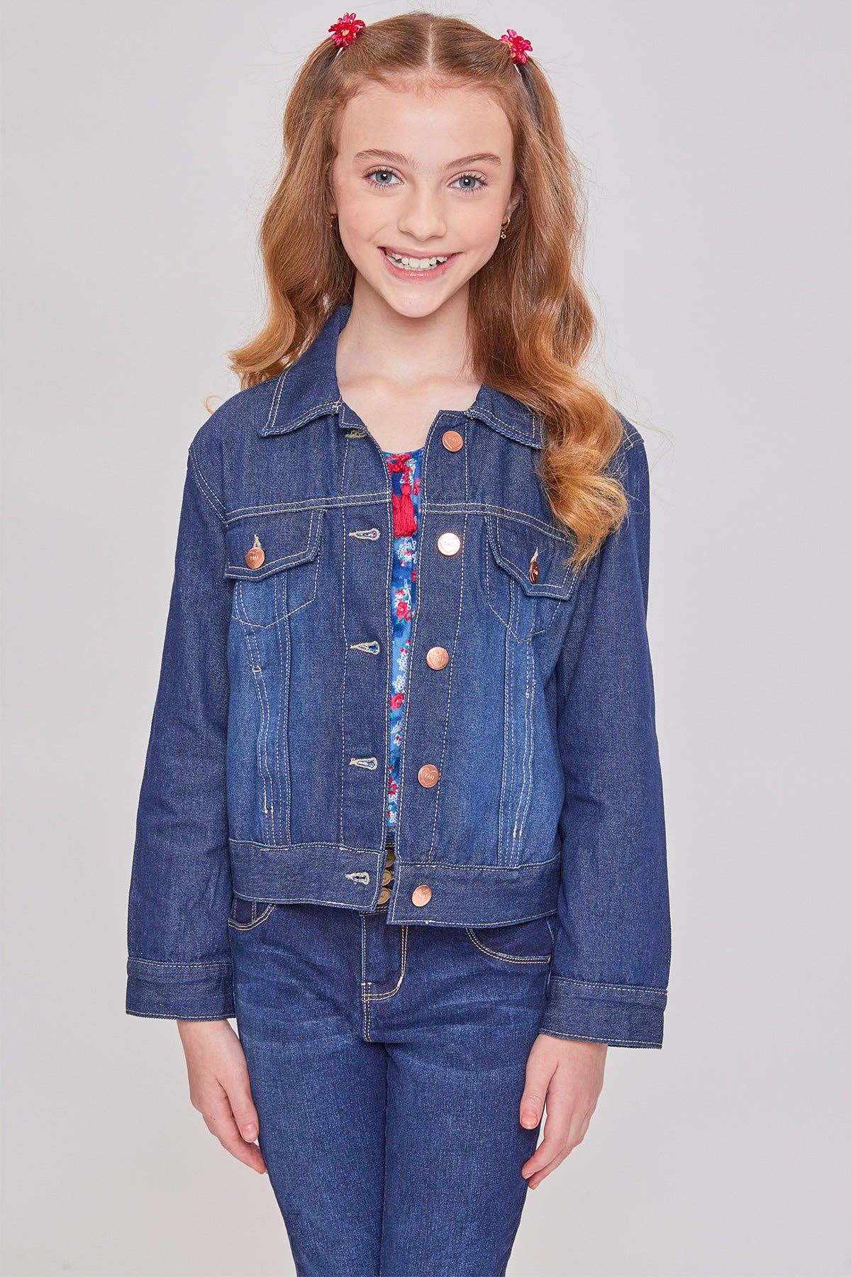 Girls medium wash classic denim jacket, front view