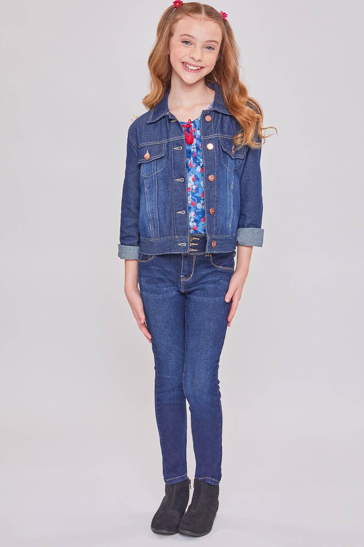 Girls medium wash classic denim jacket, full length front view