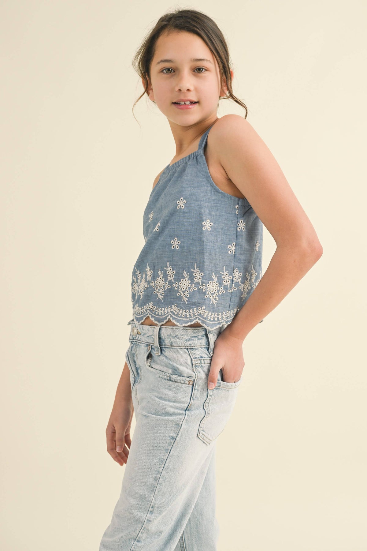 Tween girls embroidered scalloped hem chambray top, denim, side view