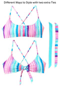 Chance Loves teen reversible swim top, Sorrento pink and blue stripe, front view