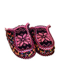 Kids fuchsia and colorful knit sherpa moccasin slippers, top view