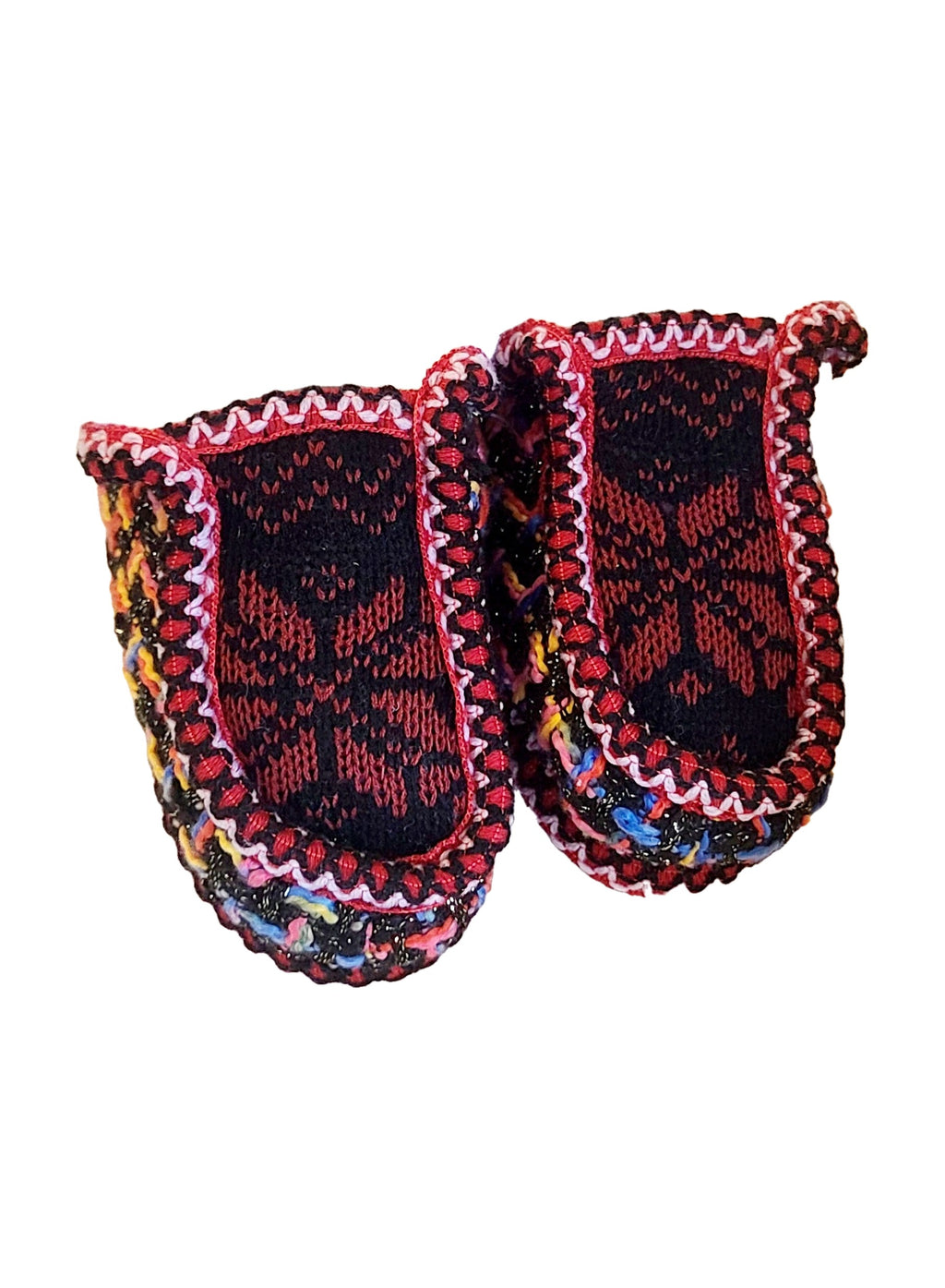 Kids dark red and colorful knit sherpa moccasin slippers, top view