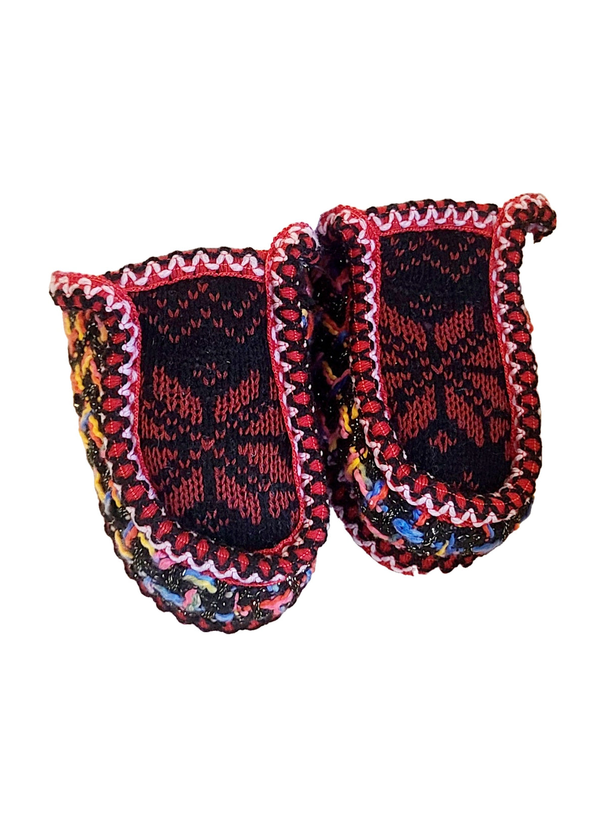 Kids dark red and colorful knit sherpa moccasin slippers, top view
