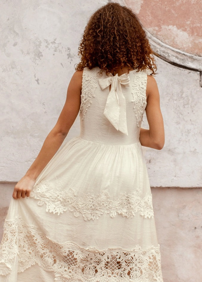 Joyfolie guipure lace maxi dress, gardenia white, bow back