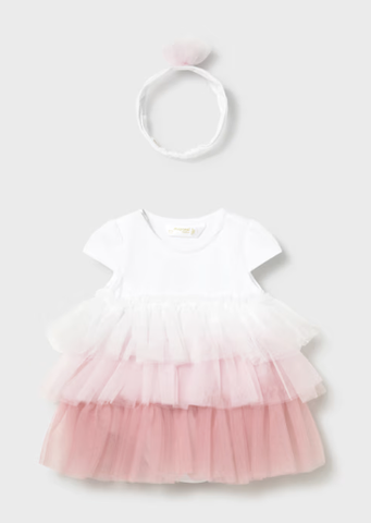 1601 Mayoral Baby Girls Tulle Special Occasion Bodysuit Dress w/ Headband - Baby Rose Pink