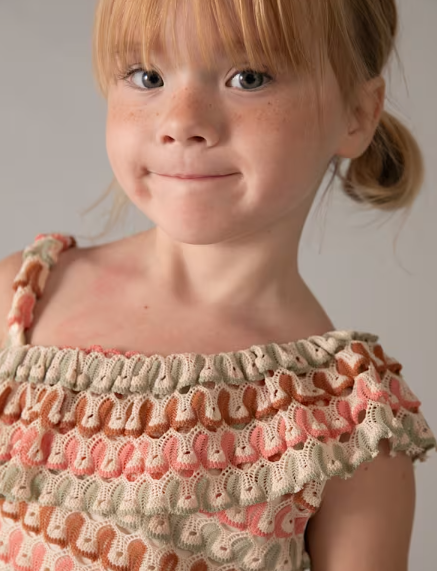 3225 Mini Girls Knit 2PC Assymeric Shoulder Crochet Knit Short Set - Tangerine