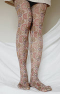 William Morris 17th Century Panel print tights, front view on legs