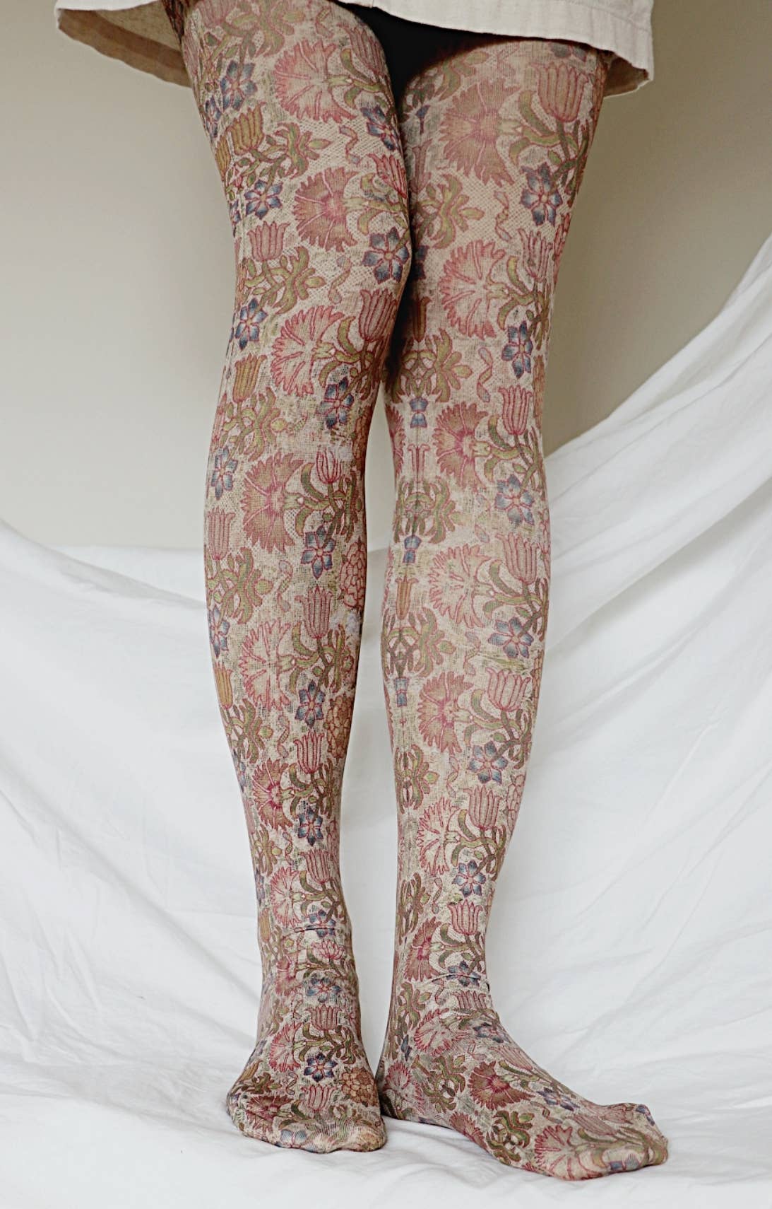 William Morris 17th Century Panel print tights, front view on legs