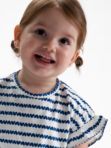 1082 Toddler Girls Eco-Cotton Ruffled S/S Print Shirt - Porcelain Blue Hearts