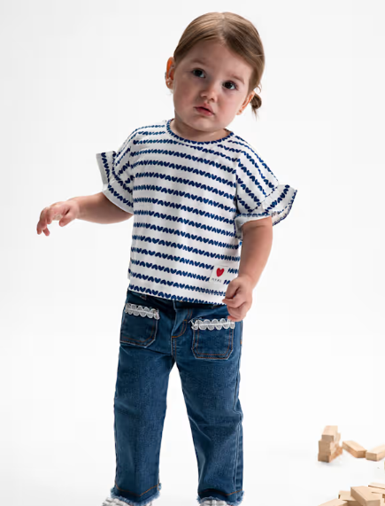 1082 Toddler Girls Eco-Cotton Ruffled S/S Print Shirt - Porcelain Blue Hearts