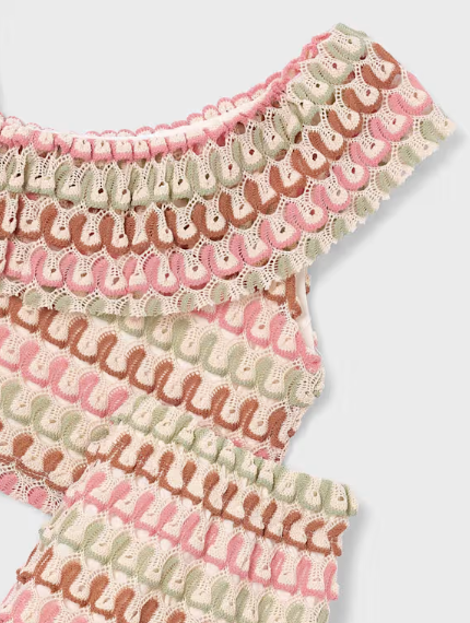 3225 Mini Girls Knit 2PC Assymeric Shoulder Crochet Knit Short Set - Tangerine